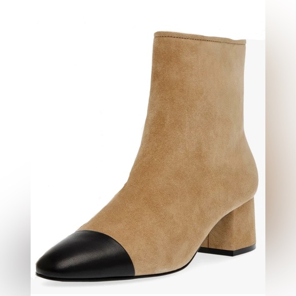 Steve Madden Women's Eiffel Ankle Boot Camel Suede Cap Toe Black Leather Sz 6.5 - Picture 1 of 12